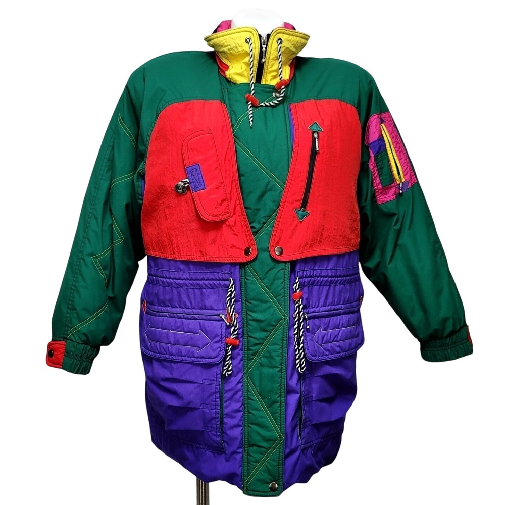 Vintage J. Gallery Down Ski Jacket L Colorblock 80s Puffer Korea‎ Retro Coat